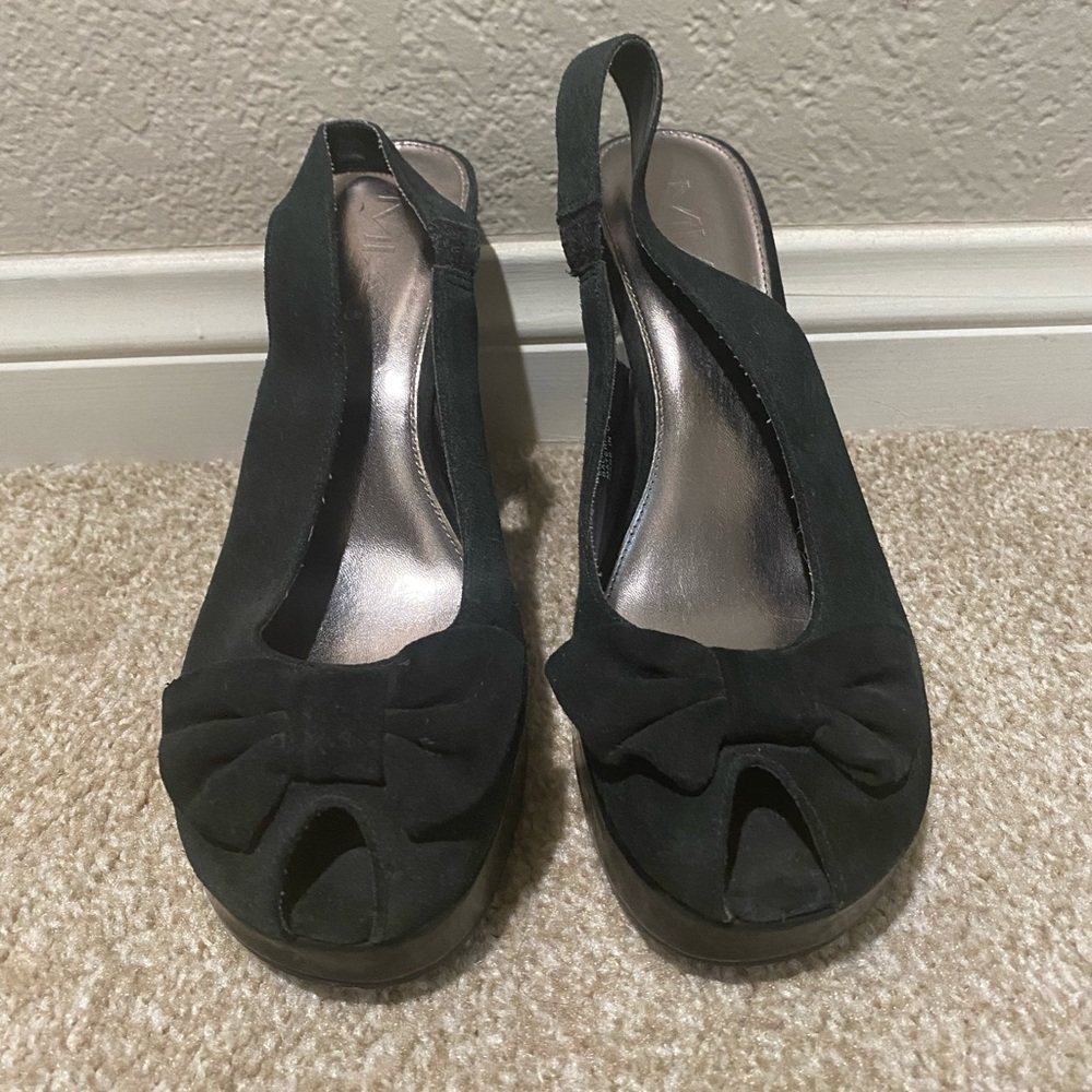 Women's MIA Celine Black Suede Peep Toe Bow Wedge